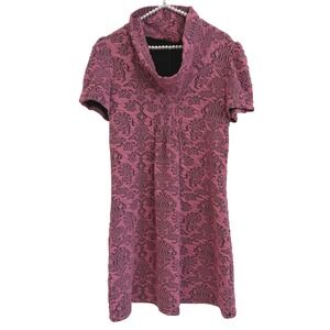 Isle Apparel Pink Black Damask Cowl Neck Cozy Textured Short Sleeve  Dress S